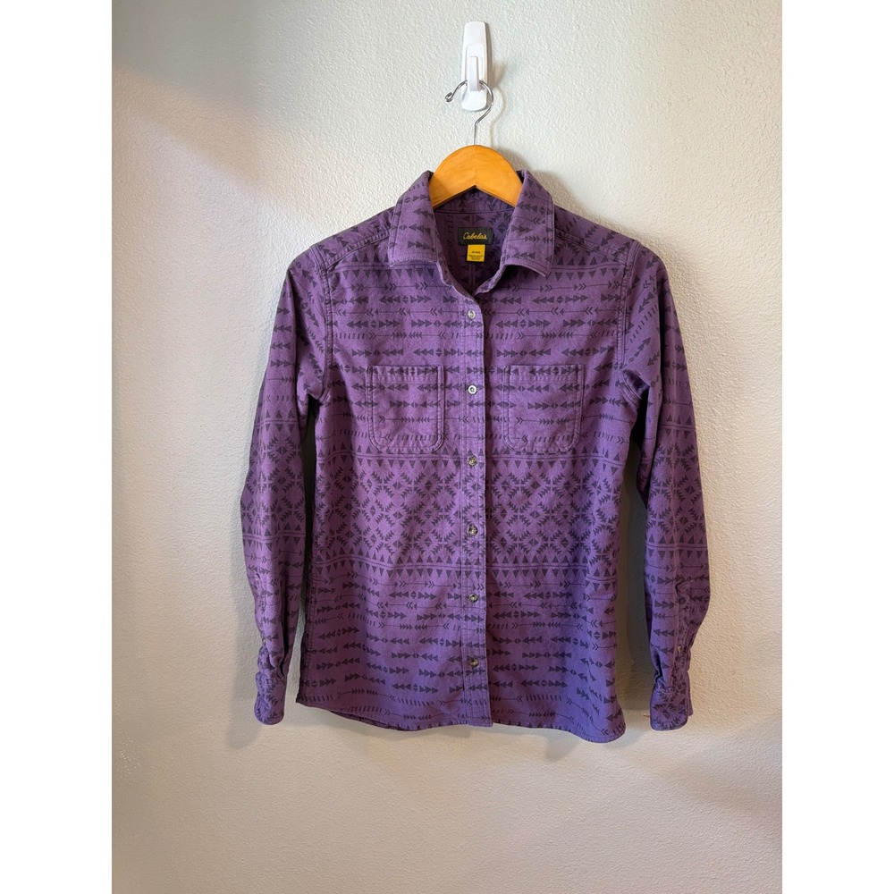 Cabela's‎ Flannel Button Down Women Medium Purple Aztec Geometric Cotton Shirt